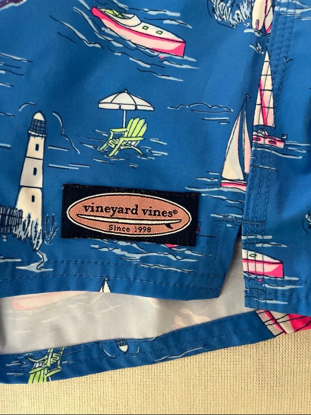 Vineyard Vines Swim Trunks Blue Coastal Nautical Print Boys - XL